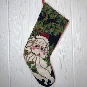 Needlepoint Vtg Christmas Stocking Beaded Santa